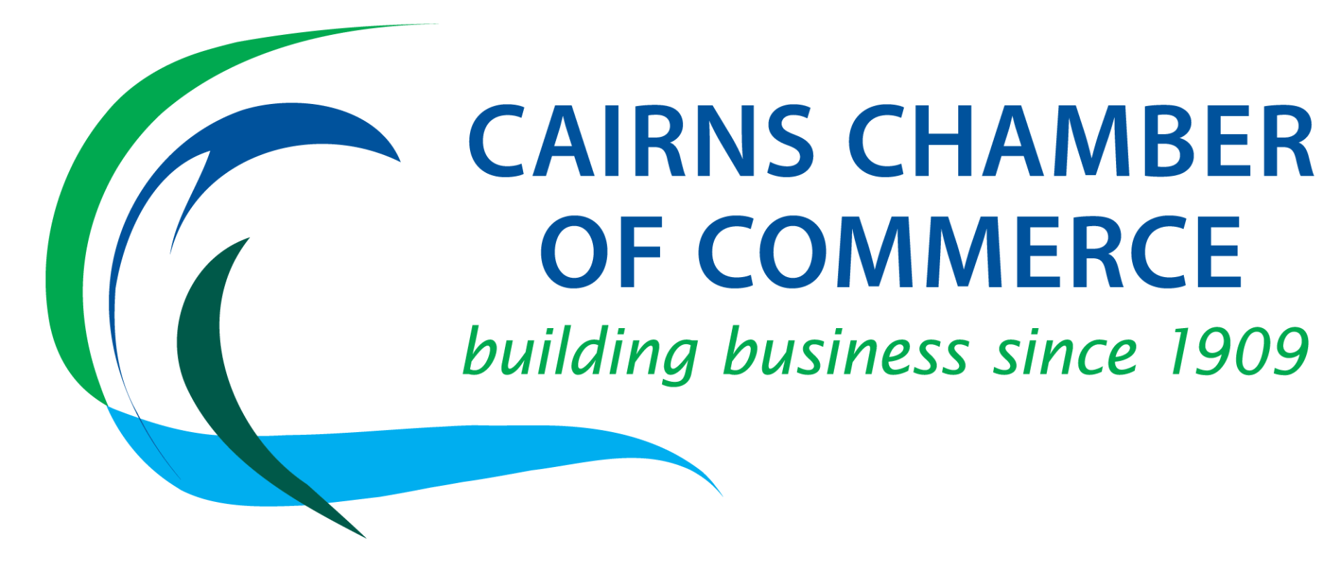 Cairns Chamber of Commerce logo with waves graphic and 'building business since 1909' text.
