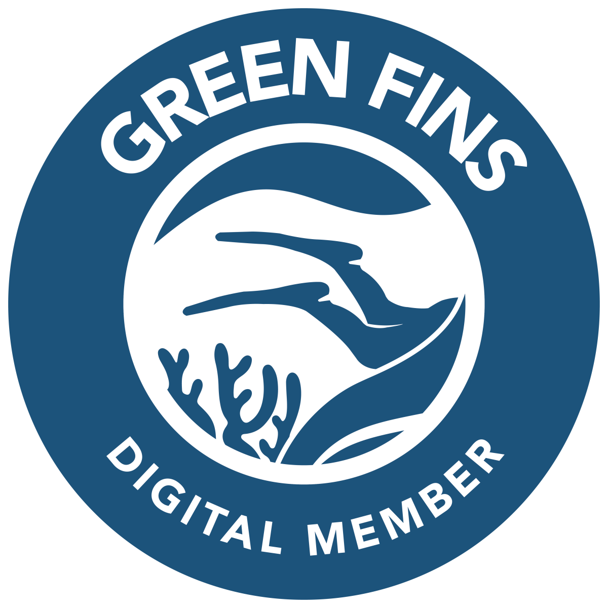 Blue and white circular logo for Green Fins Digital Member with ocean-themed design.