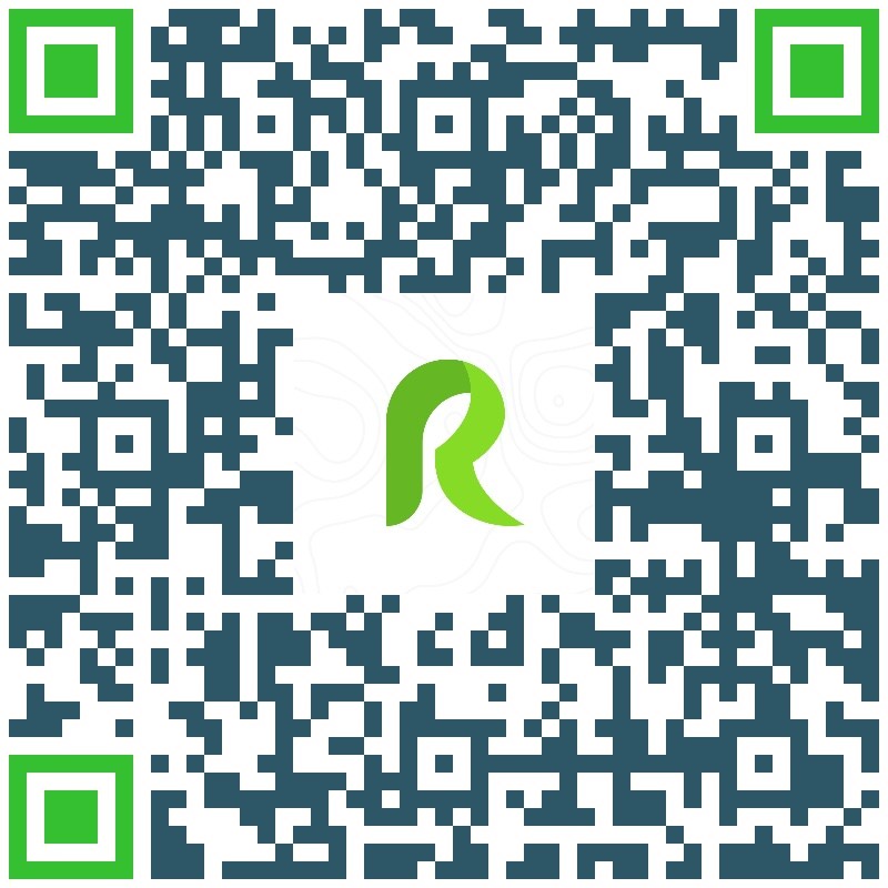 Green and black QR code with a stylized 'R' logo in the center.